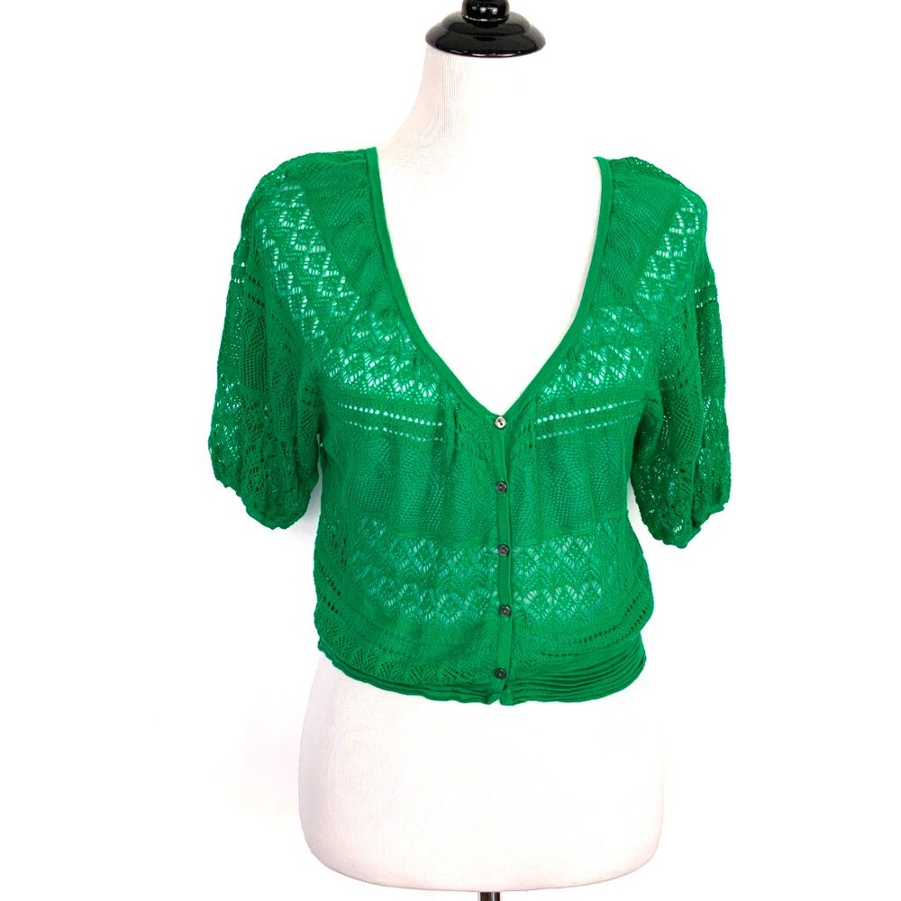 Free People Green Open Knit Short Sleeve Crop Top V-Neck Sz L - Picture 10 of 16